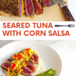 Crusted, seared tuna steaks are paired with a fresh and bright corn salsa.