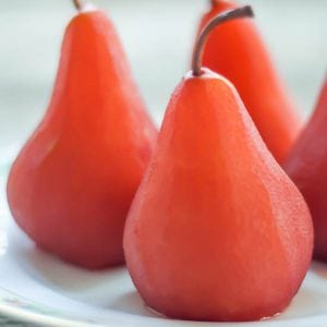 Red Wine Poached Pears on a plate.