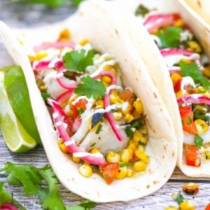 Grilled Fish Tacos with Charred Corn and Jalapeño Salsa