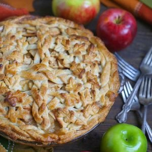 Classic Apple Pie all baked with a decorative crust ready for serving.