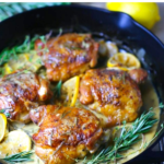 Crispy-skinned creamy lemon and herb chicken thighs slathered in a drool-worthy sauce makes a deceptively easy weeknight meal.