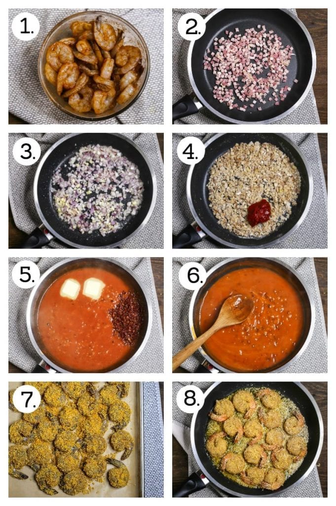 Step by step photos on how to make Italian Style Shrimp and Grits: marinate shrimp (1), cook pancetta (2), saute shallot and garlic (3), Add flour and tomato paste (4), Add wine, stock, butter and pancetta (5), Simmer (6), coat shrimp with cornmeal (7), saute shrimp (8)