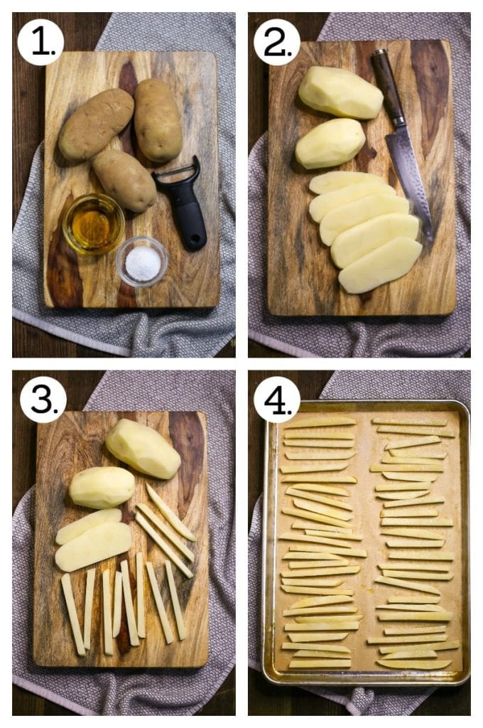 Step by step photos showing how to prep oven fries including: gathering the ingredients (step 1), peeling and slicing the potatoes (steps 2 and 3) and arranging the potato strips on a baking sheet (step 4)