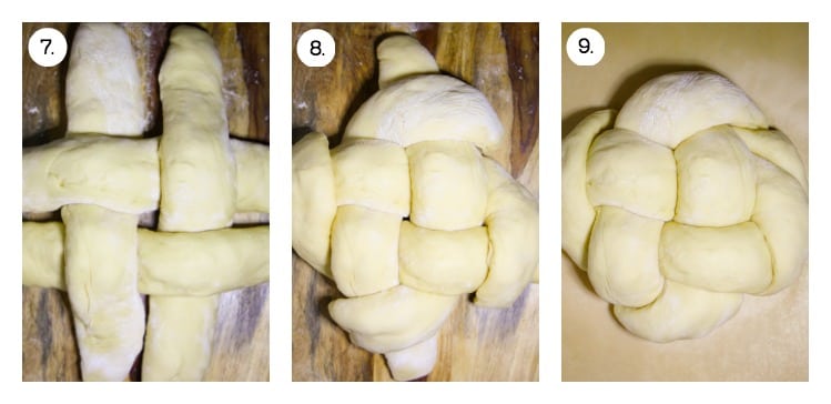 Three steps on how to weave apple challah, first in a tic, tac, toe shape, then folding over the ends, and finally the risen round challah, ready to bake