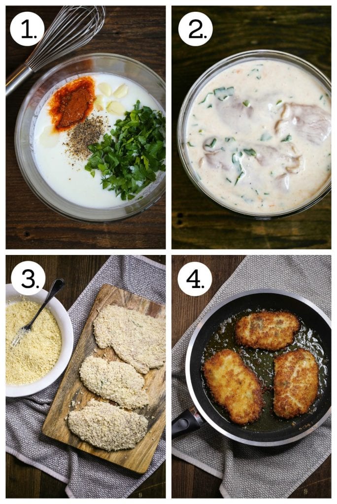 Step by step procedure demonstrating how to make easy breaded chicken breasts. Four steps include making the buttermilk marinade, dipping the cutlets and frying them in oil.
