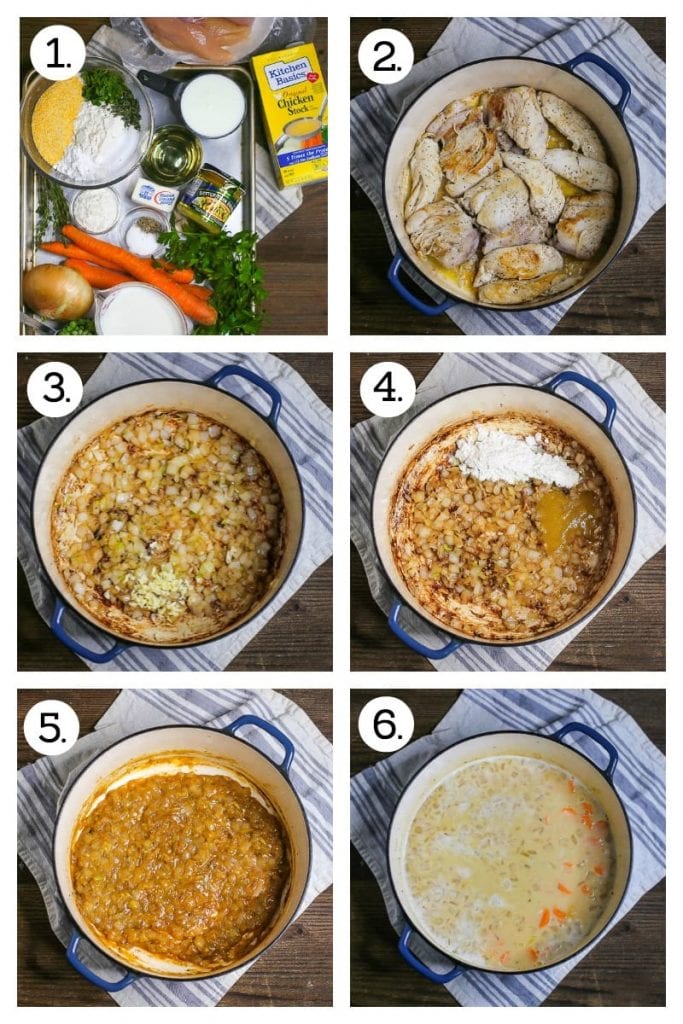 Step by step photos demonstrating how to make Chicken and Herb Dumplings. Gather ingredients (1), brown the chicken (2), cook the onion and garlic (3), stir in the flour and chicken base (4), add the wine and reduce (5), add the milk, stock and veg (6)