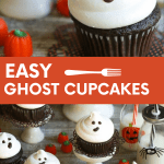 Boo! These easy ghost cupcakes are simple to decorate and the perfect treat for your Halloween party. My favorite no-fail chocolate cupcake is topped with a swirl of marshmallow frosting and a chocolate face is piped on for spooky cuteness.