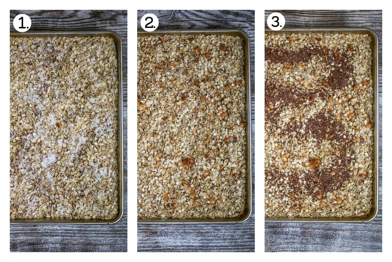 Step by step process of making homemade chocolate coconut pecan granola bars. Combine the oats, nuts and coconut on a sheet tray (1), toast in the oven (2), stir in the flax seeds (3).