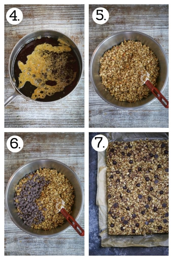 Step by step process of making homemade chocolate coconut pecan granola bars. Heating the oil/butter/sugar (4), Mixing the toasted oats with the syrup (5), adding the chocolate (6), the mixture pressed into a pan and baked (7)