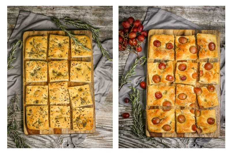Side by side shot of sweet and savory Fluffy Focaccia Bread, cut into squares with sprigs of rosemary and red grapes on the side.