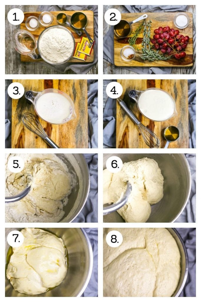 Step by step photos on how to make Fluffy Focaccia Bread. Gather ingredients for dough (1), gather ingredients for toppings (2), combine yeast, water, and sugar (3), activated yeast (4), mix the dough (5), well mixed dough (6), turn the dough in a well oiled bowl (7), risen dough (8).