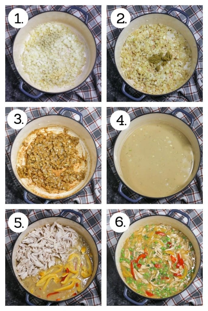 Step by step photos showing how to make Thai-Style Coconut Chicken Curry. Saute onions, garlic and ginger (1), stir in flour and then curry paste, (2), cook for one minute (3), add the wet ingredients (4), add chicken and peppers (5), stir in the peas, cilantro and lime (6).
