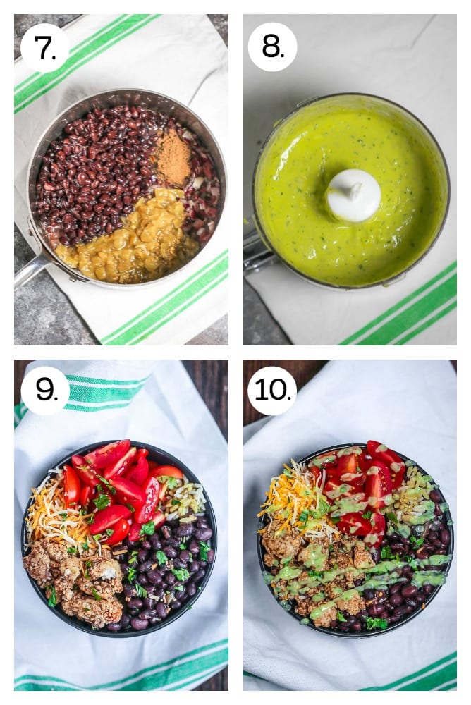 Step by set instructions on how to make Chicken Burrito Bowls with Avocado Dressing. Add the beans and chiles to the shallot (7), Blend the avocado dressing (8), put the ingredients together in the bowl (9), drizzle the the avocado dressing (10).