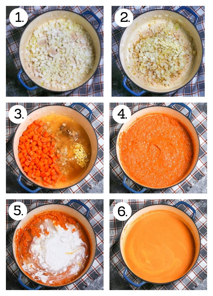 Step by step instructions on how to make carrot ginger soup. Saute onion (1), add garlic (2), add carrots, ginger, spices and stock (3), Simmer, cook and puree (4), stir in coconut milk (5), puree until smooth (6).
