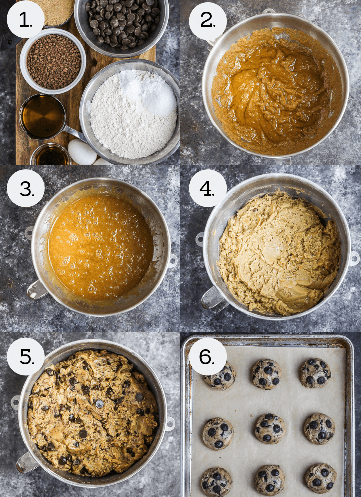 Step by step photos on how to make Olive Oil Chocolate Chip Cookies. Gather ingredients (1), beat the sugar and olive oil (2), add the eggs (3), mix in the dry ingredients (4), mix in the grated chocolate and chocolate chips (5), portion out cookies onto a sheet tray and chill (6).