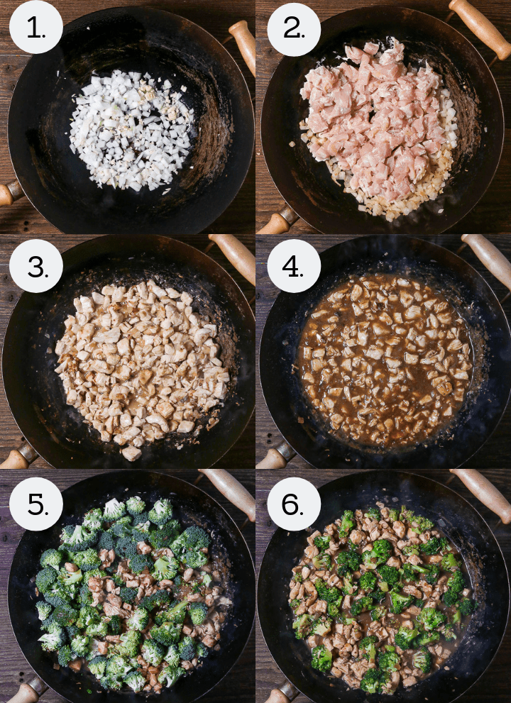 Step by step photos showing how to make Chicken and Broccoli Stir-Fry. Saute onion and garlic (1), add chicken (2), deglaze with white wine (3), add ingredients for brown sauce (4), add the broccoli (5), cook until tender and serve (6).