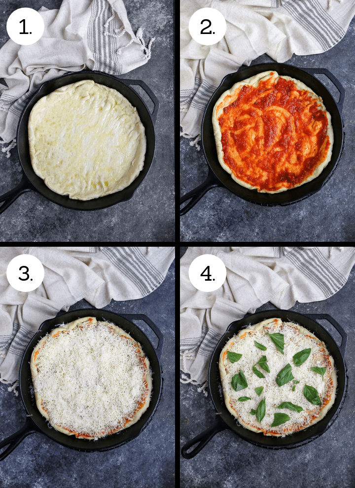 Step by step photos on how to make Cast Iron Skillet Pizza. Roll or stretch the dough and place in the bottom of the skillet (1), spread the sauce on the dough (2), spread the cheese over the cheese over the sauce (3), scatter the fresh basil over the cheese and bake (4).