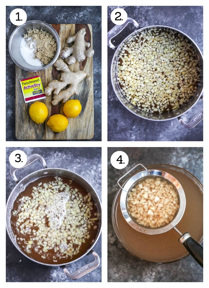 Step by step guide to make Homemade Ginger Beer. Gather ingredients (1), Combine water, sugars and ginger in a saucepan (2), heat and dissolve sugars and steep (3), strain 4).