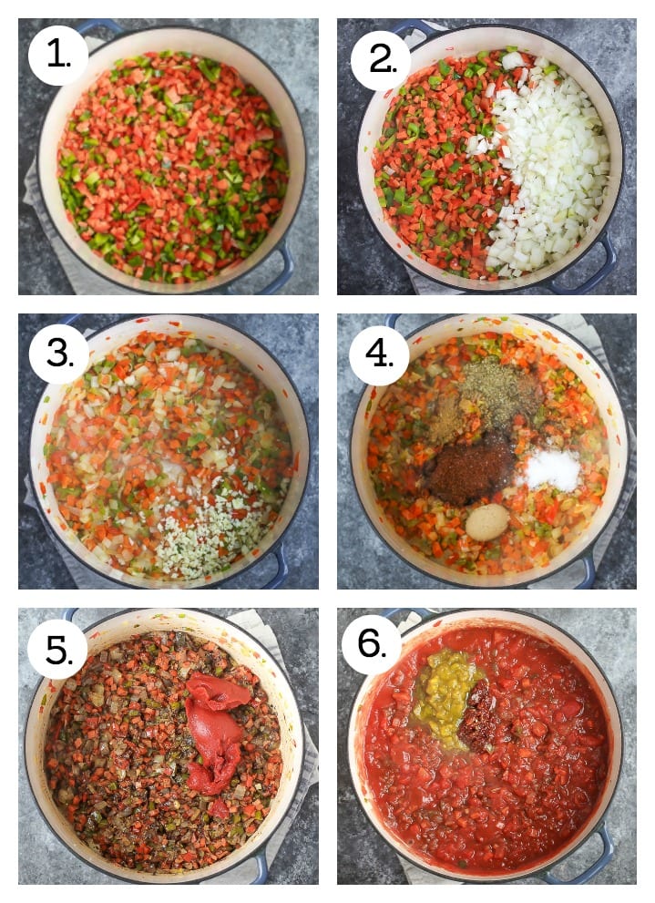 Step by step instructions on how to make hearty vegetarian chili. Saute carrots and peppers (1), add the onion (2), add the garlic (3), stir in the spices (4), stir in the tomato paste (5), add the tomatoes, stock. chiles and chipotle (6).