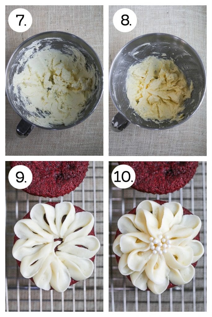 Step by step instructions on how to make red velvet cupcakes. Combine butter and cream cheese for icing (7), mix in confectioners sugar and vanilla (8), pipe the first level of petals for the flower design (9). pipe the second layer of petals and finish with pearl sprinkles (10).