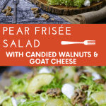A bed of curly, crunchy, slightly bitter frisée is the perfect counter to fresh pears, tangy vinaigrette, and sweet candied walnuts in this elegant first course. If you're hosting a dinner party, be sure to start with this pear frisée salad with candied walnuts and goat cheese. Eating your greens never tasted better!