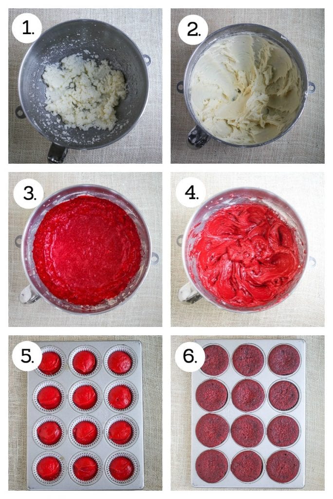 Step by step instructions on how to make red velvet cupcakes. Cream butter and sugar for cupcakes (1), blend in the eggs (2), add the cocoa and red food coloring (3), mix in the remaining ingredients (4), divide in a lined muffin pan (5), bake and cool before icing (6).