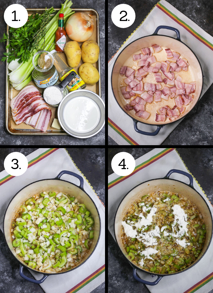 Step by step photos showing how to make New England Clam Chowder. Gather ingredients (1), brown the bacon (2), saute the celery and onion (3), stir in the flour (4).
