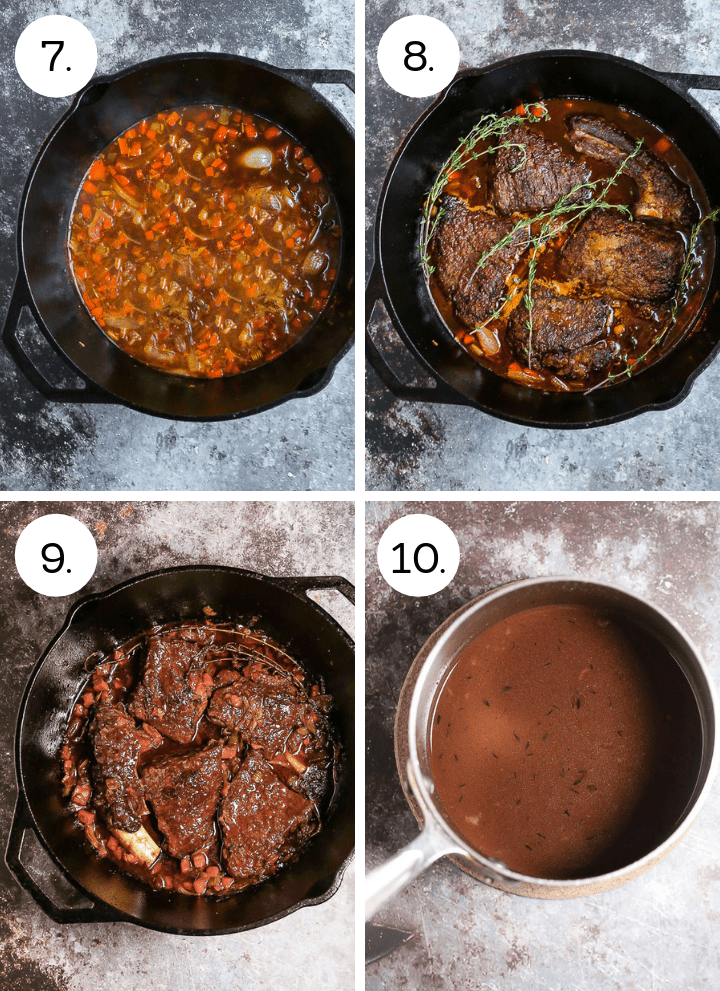 Step by step photos showing how to make Irish Whiskey Braised Short Ribs. Deglaze with Irish whiskey and then add stock (7), add the short ribs and herbs to the pan (8), braise in the oven until tender (9), strain the sauce and skim the fat (10).