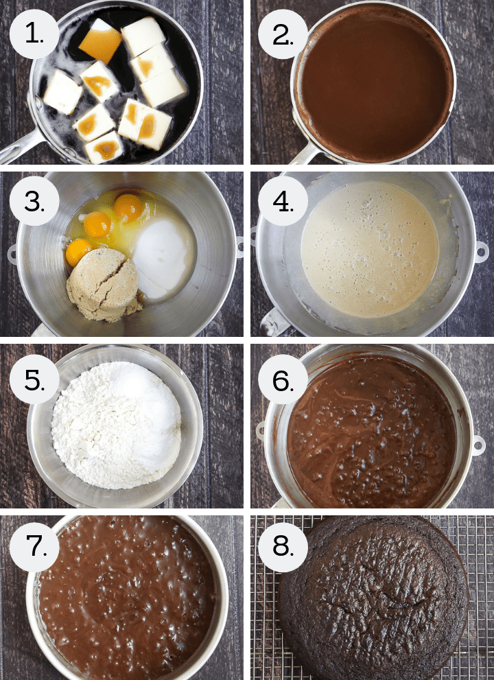 Step by step photos on how to make a Chocolate Stout Cake with Baileys Buttercream. Melt the butter with the stout (1), whisk in the cocoa powder (2), combine the sugars and eggs (3), beat to combine (4), whisk together the dry ingredients (5), mix together all of the ingredients (6), divide between two cake pans and bake (7), cool the cakes (8)