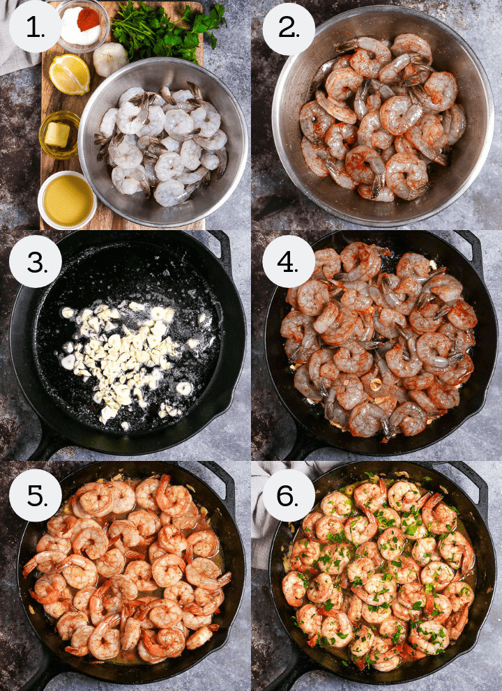 Step by step photos showing how to make Spanish Garlic Shrimp. Gather ingredients (1), toss the shrimp with the seasonings (2), saute garlic (3), add the shrimp to the pan (4), saute until pink (5), finish with sherry, lemon juice, and parsley (6).