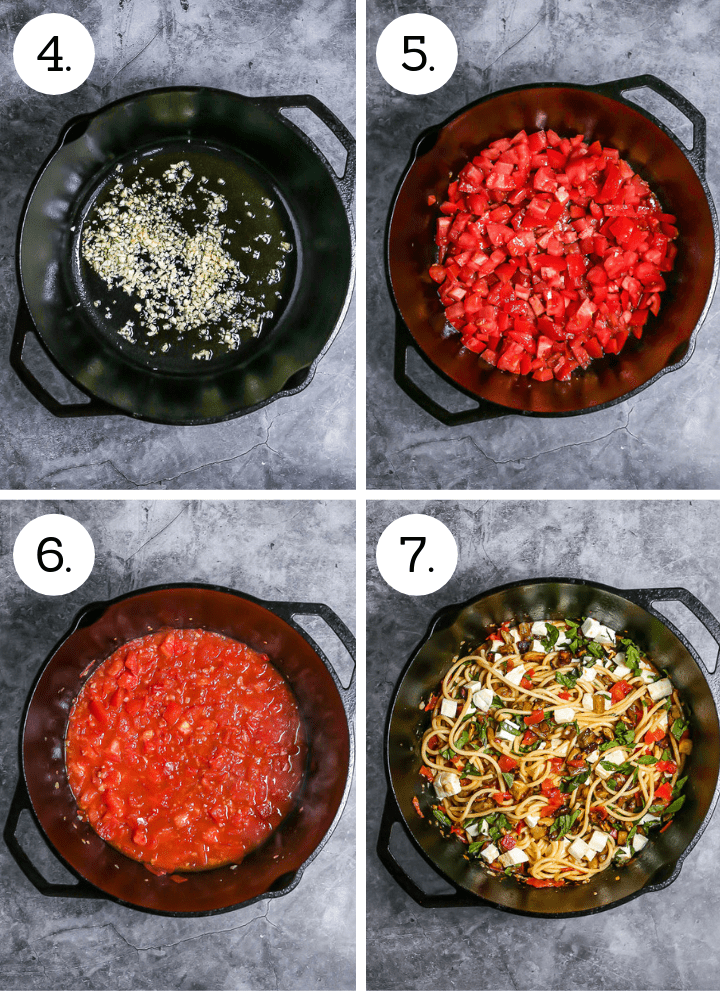 Step by step photos showing how to make Roasted Eggplant Pasta. Saute garlic (4), add the diced tomatoes (5), stir in the wine, water and seasonings (6), add the pasta, eggplant, cheese and basil (7).