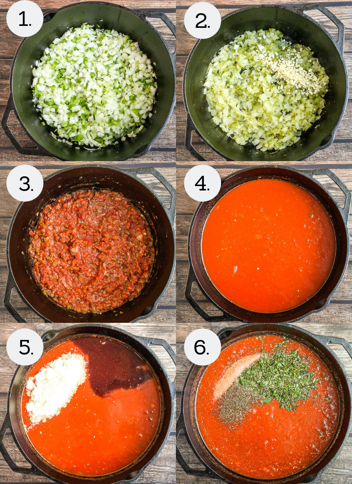 Step by step photos showing how to make Sunday Sauce and Meatballs. Saute the onion and peppers (1), stir in the garlic (2), Mix in the tomato paste (3), add the tomato puree and water (4), mix in the wine and parm (5), add the sugar, herbs and seasonings (6).