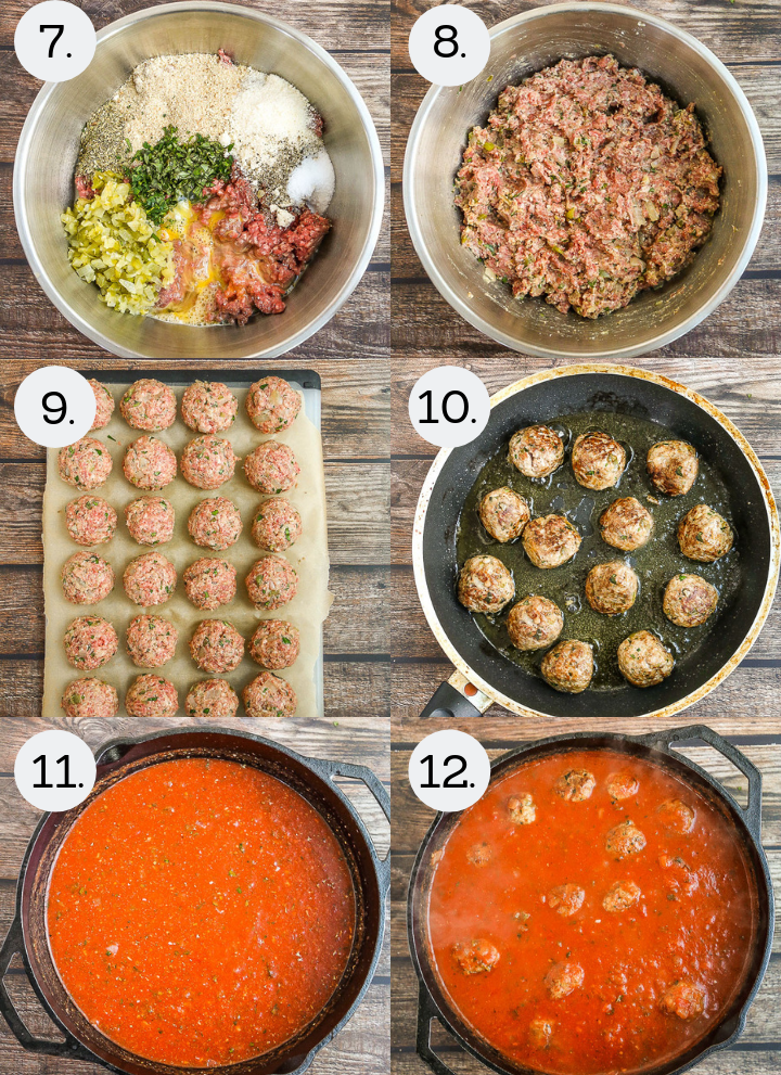 Step by step photos showing how to make Sunday Sauce and Meatballs. Combine the ingredients for the meatballs (7), mix together by hand (8), form the meatballs (9), brown the meatballs (10), simmer the sauce over very low heat (11), add the meatballs to the sauce and cook for 2-3 hours (12).