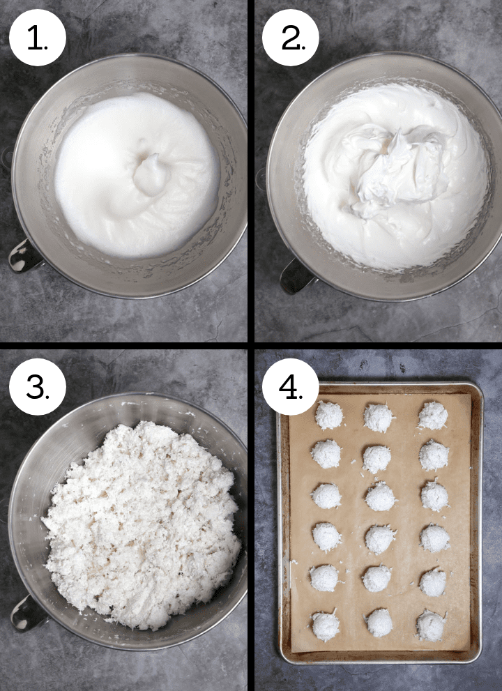 Step by step photos showing how to make coconut macaroons. Whip the egg whites to soft peaks (1), add the sugar and whip to stiff peaks (2), Fold in the coconut (3), scoop onto a sheet tray and bake (4).