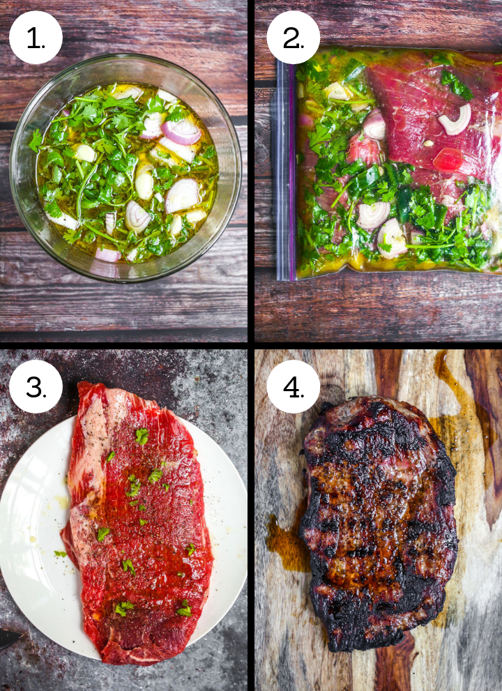 Step by step photos of how to make carne asada tacos. Combine ingredients for marinade in a bowl (1), Pour marinade over steak and chill (2), pull it out of the marinade and grill (3) grill for about 5 mins per side. (4)