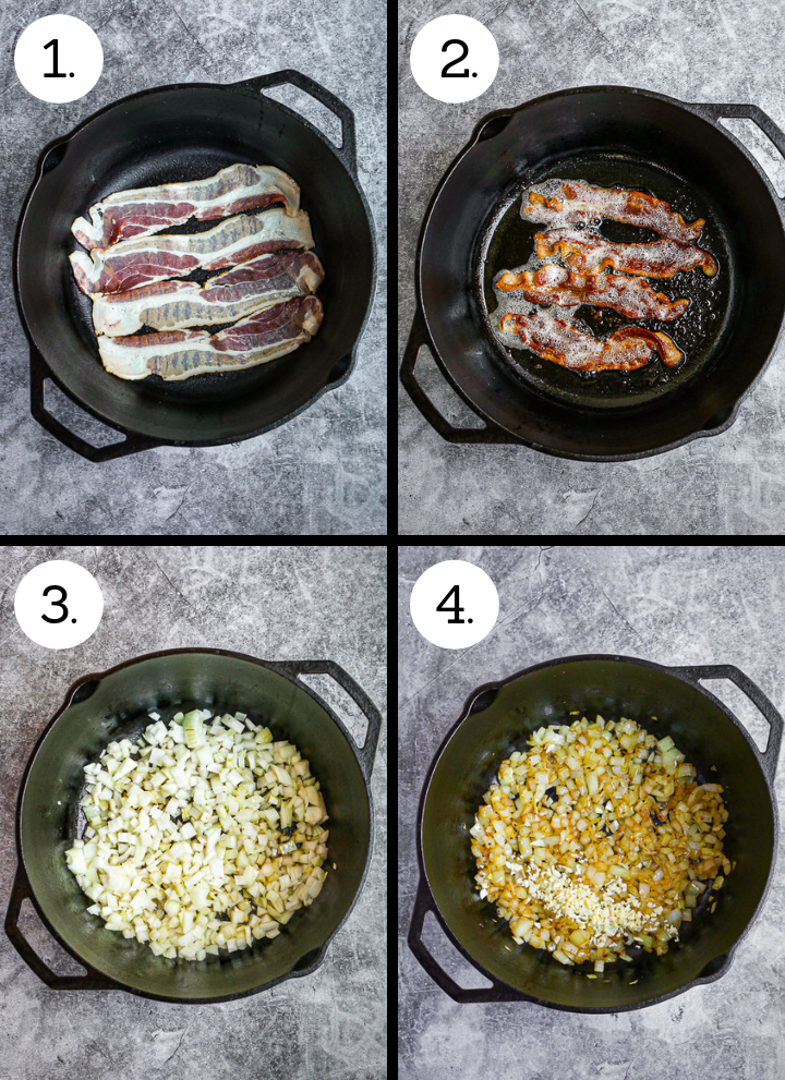 Step by step photos of Braised Collard Greens with Bacon. Add the bacon to the pot (1), cook the bacon until crisp (2), add the onion to the drippings (3), add the garlic (4).