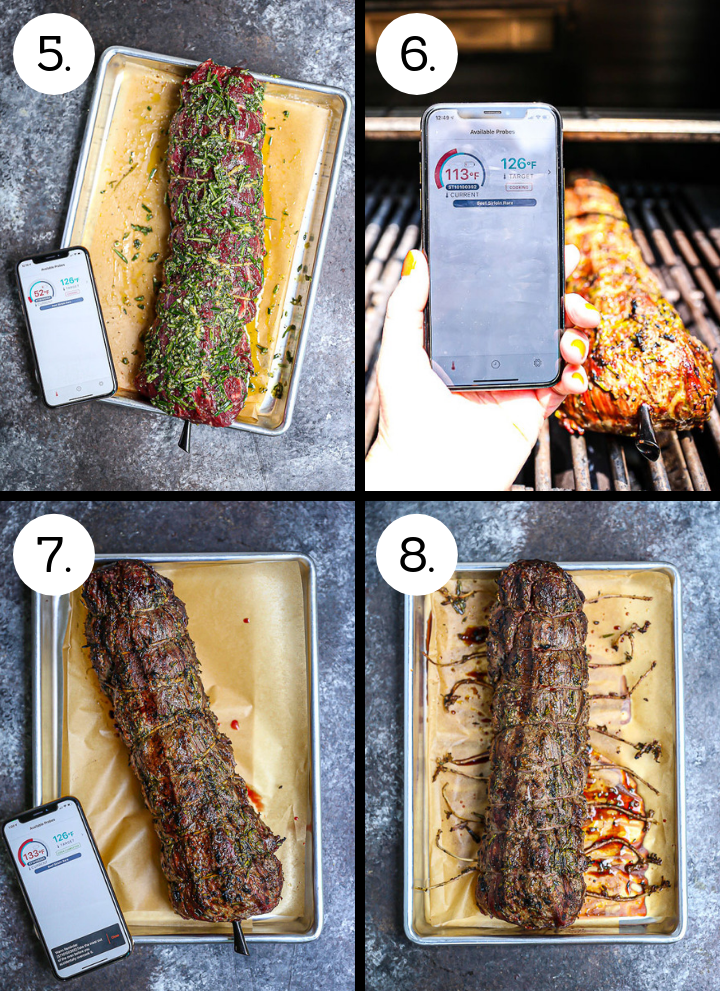 Step by step photos showing how to make Herb Crusted Grilled Beef Tenderloin. Spread the herb mix over the beef (5) grill (6), let the meat rest (7), cut the ties and carve (8).