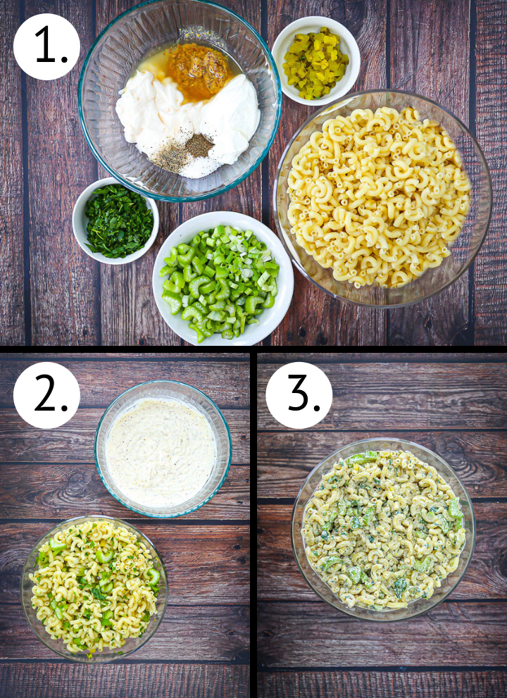 Step by step photos showing how to make classic macaroni salad. Gather ingredients (1), combine ingredients (2), mix everything together (3).