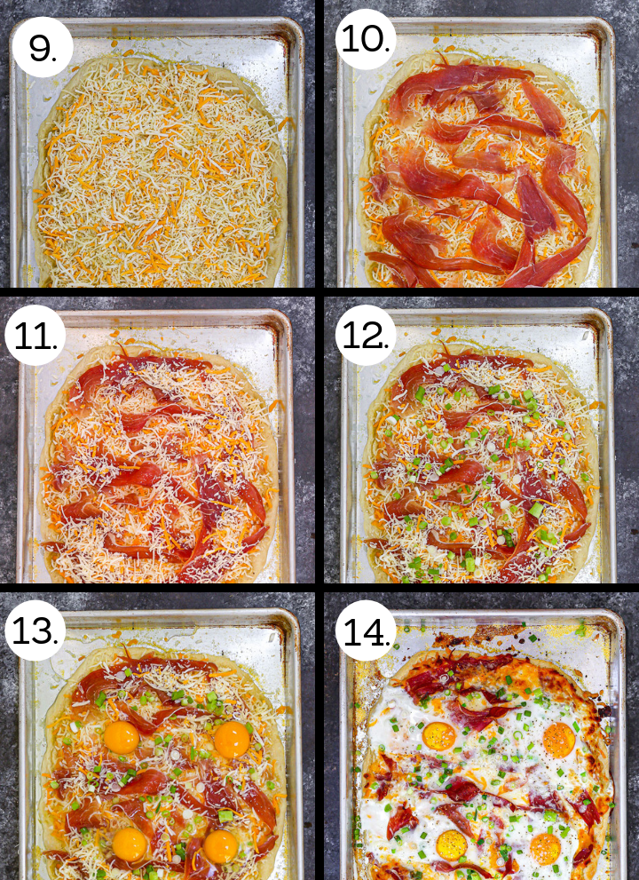 Step by step photos showing how to make Ham, Egg and Cheese Breakfast Pizza. Sprinkle cheese over crust (9), scatter ham over cheese (10), add a little more cheese (11), scatter the green onions over the top (12), carefully crack four eggs on the pizza (13), bake until golden brown, but yolks still runny (14).