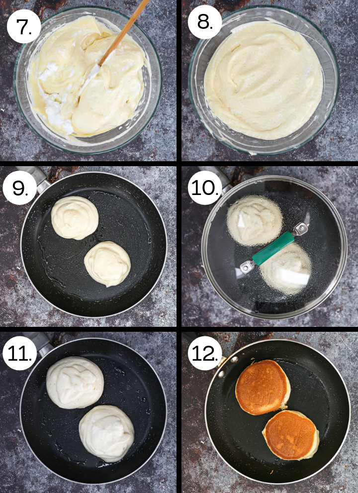 How to make Fluffy Japanese Pancakes. Fold in the meringue (7), no visible streaks (8), scoop onto pan (and 9), cover and cook (10), add another small scoop (11), flip and finish cooking (12)