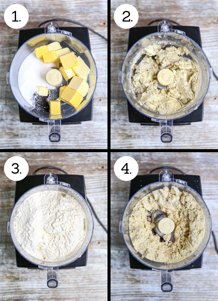 Step by step photos showing how to make classic shortbread cookies. Combine the butter and sugar (1), blend together (2), add the dry ingredients (3), blend until it comes together (4).