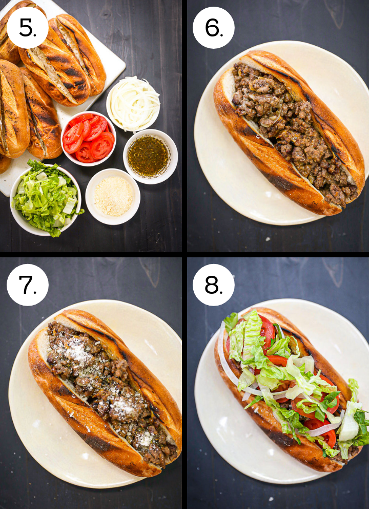 Step by step photos showing home to make the best Cheeseburger Sub. Gather your toppings (5), add the beef to the bun (6), sprinkle with parm (7), add the toppings (8).