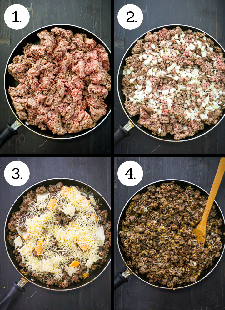 Step by step photos showing home to make the best Cheeseburger Sub. Add the ground beef to the pan (1), add the onion (2), brown and add the cheese (3), mix until melted (4)