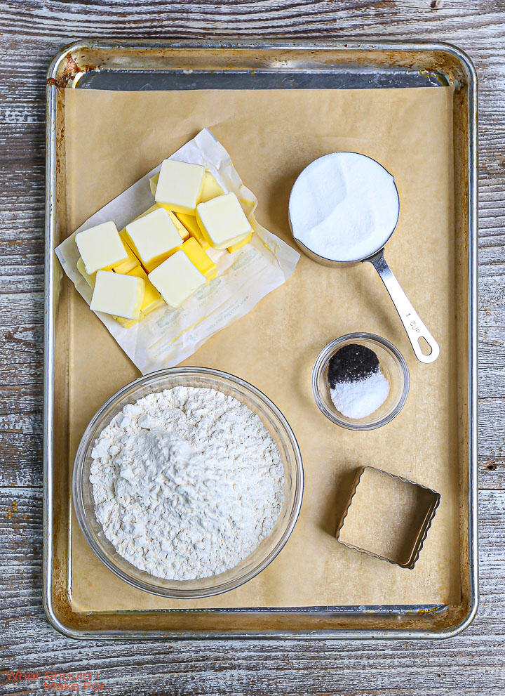 The ingredients for Classic Shortbread Cookies on a sheet tray.