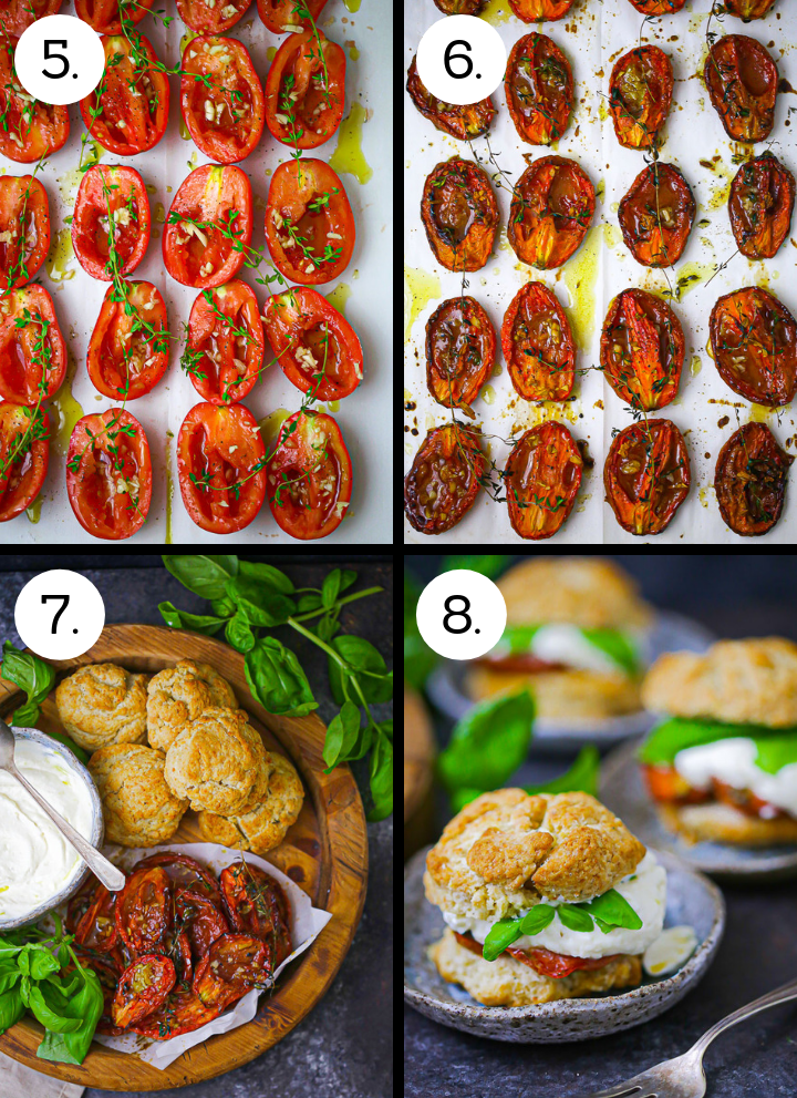Step by step photos showing how to make Tomato "Shortcake" with Whipped Ricotta. Slice the tomatoes (5), Roast the tomatoes (6), assembler the shortcake ingredients (7), assemble the shortcake sandwiches (8).