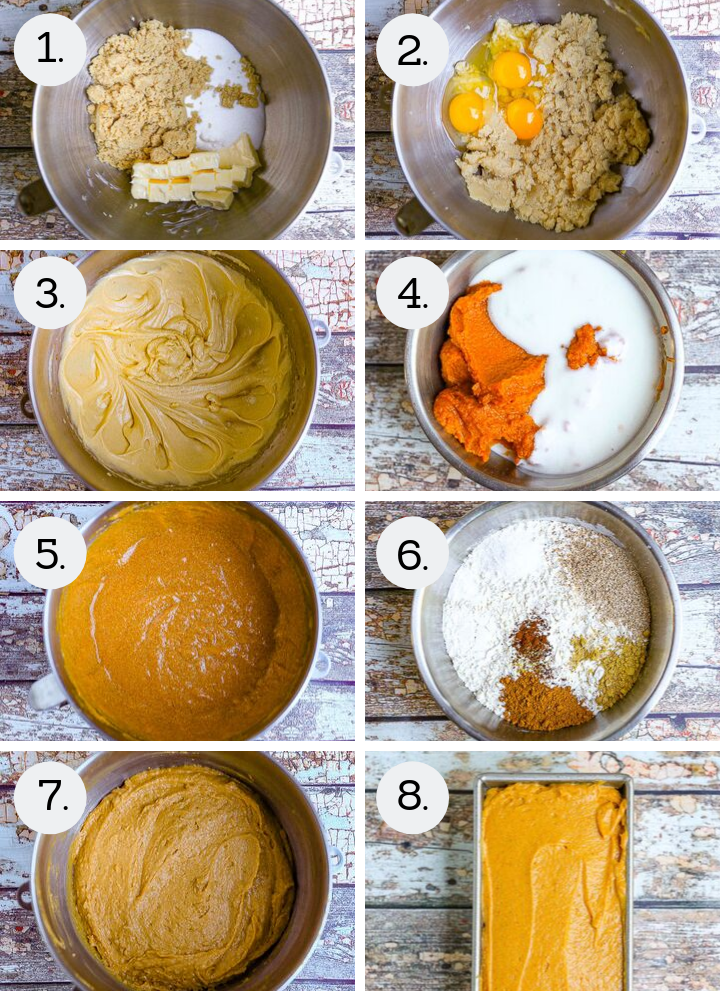 Step by step photos showing how to make the best pumpkin bread. Cream butter and sugars (1), add the eggs (2), beat well (3), combine pumpkin and buttermilk (4), add the pumpkin mixture (5), combine the dry ingredients in a separate bowl (6), beat together (7), smooth in a loaf pan (8).