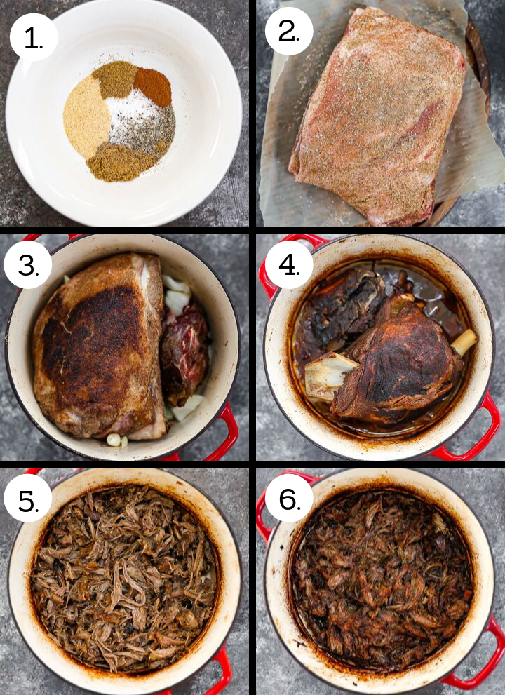 Step by step photos showing how to make Slow Roasted Lamb Tacos. Combine the ingredients for the spice rub (1), rub the spices into the lamb (2), sear the lamb (3), roast low and slow (4), remove the bones and shred (5), return to the oven to caramelize (6).
