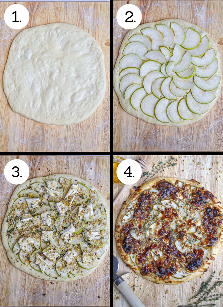 Step by step phots showing how to make Pear and Brie Pizza. Stretch the dough into a round (1), arrange the sliced pears (2), top with remaining ingredients (3), bake until golden brown and bubbling (4).