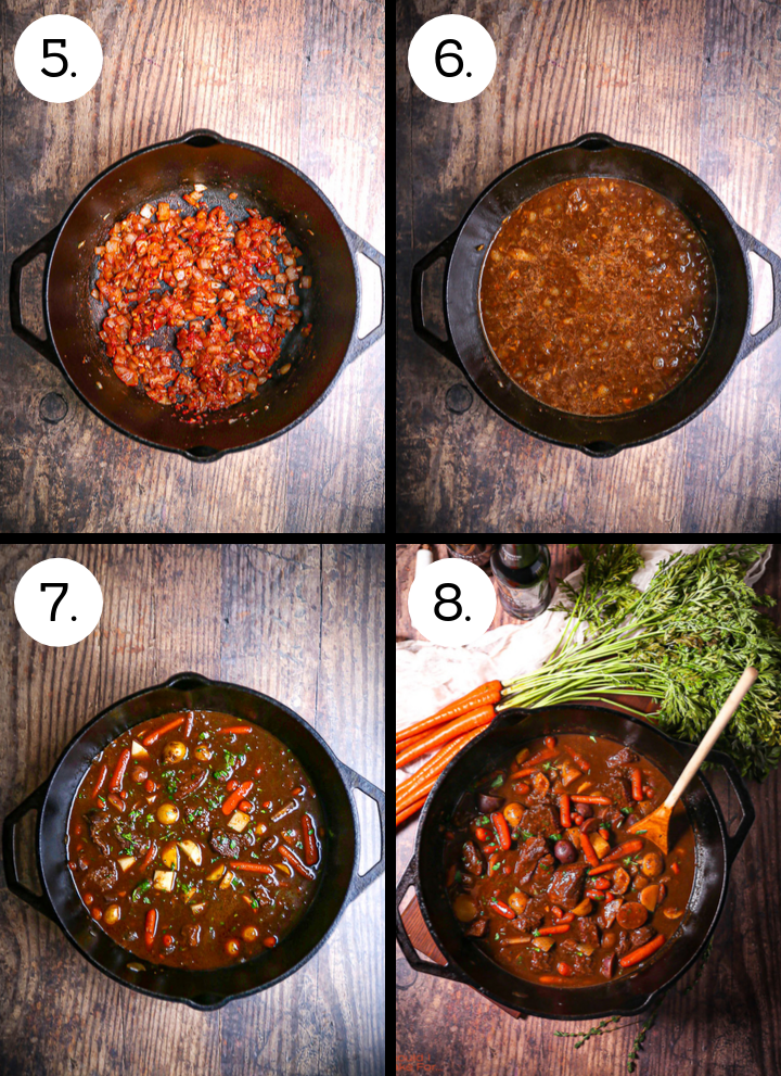 Step by step instructions showing how to make Guinness Braised Beef Stew. Add the tomato paste to the onions (5), add the beer and stock and beef (6), add the veg (7), cook until tender (8).