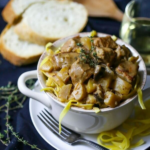Settle in for a big bowl of comfort with this tasty veal and mushroom stew. It's is teeming with tender chunks of veal braised in a rich, creamy sauce studded with mushrooms and potatoes. Pure yum.
